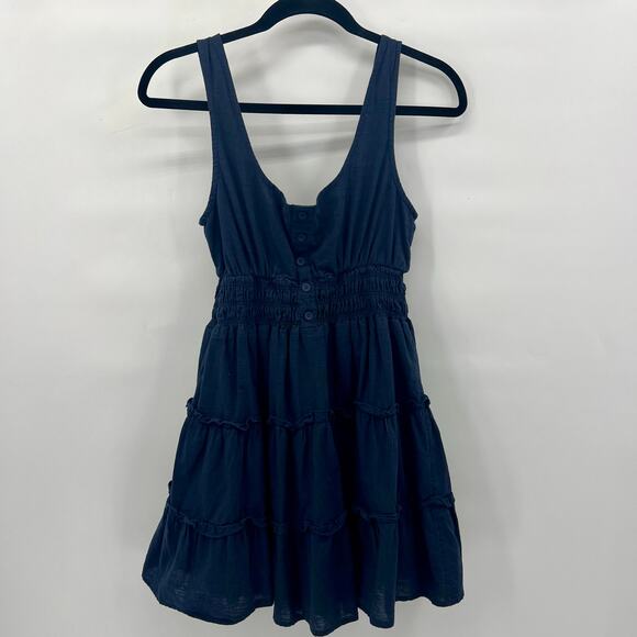 Urban Outfitters Smocked Babydoll Dress Womens Small Dark Blue Ruffle - Picture 2 of 7